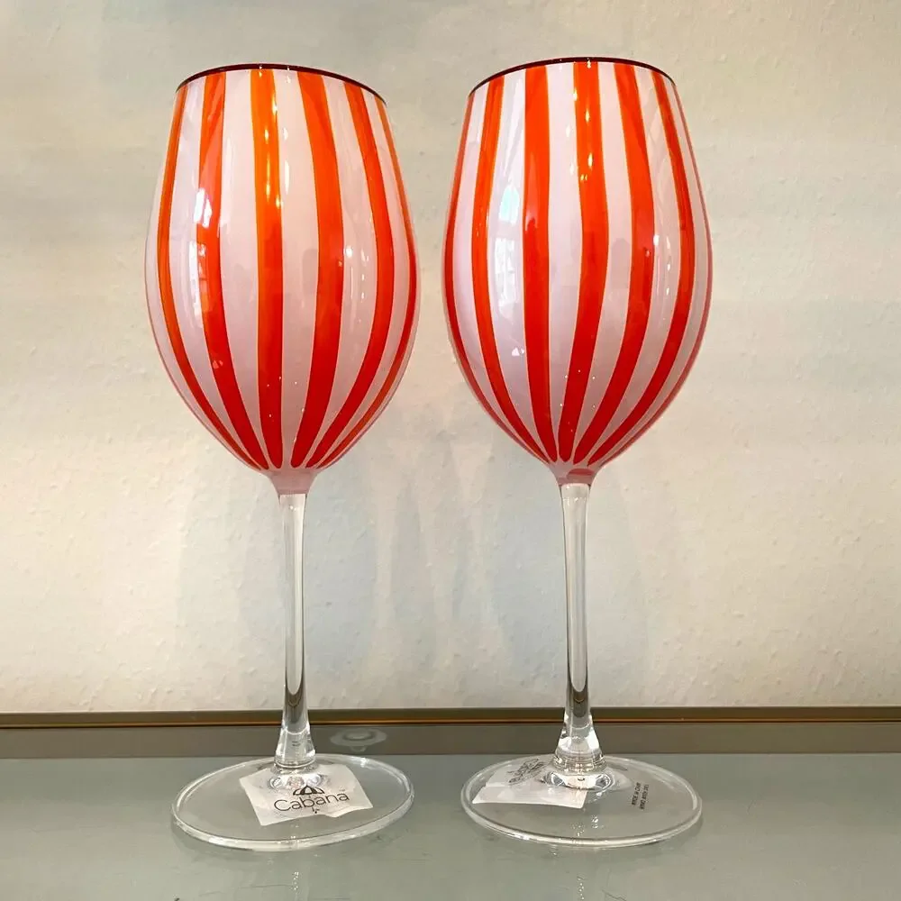 Cabana Orange Striped Wine Goblet Glass Set of 2 Holiday NEW